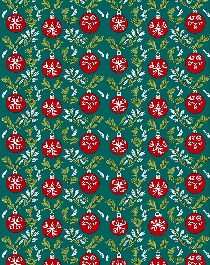 Red Ornate Christmas Orbs Greenery Rug