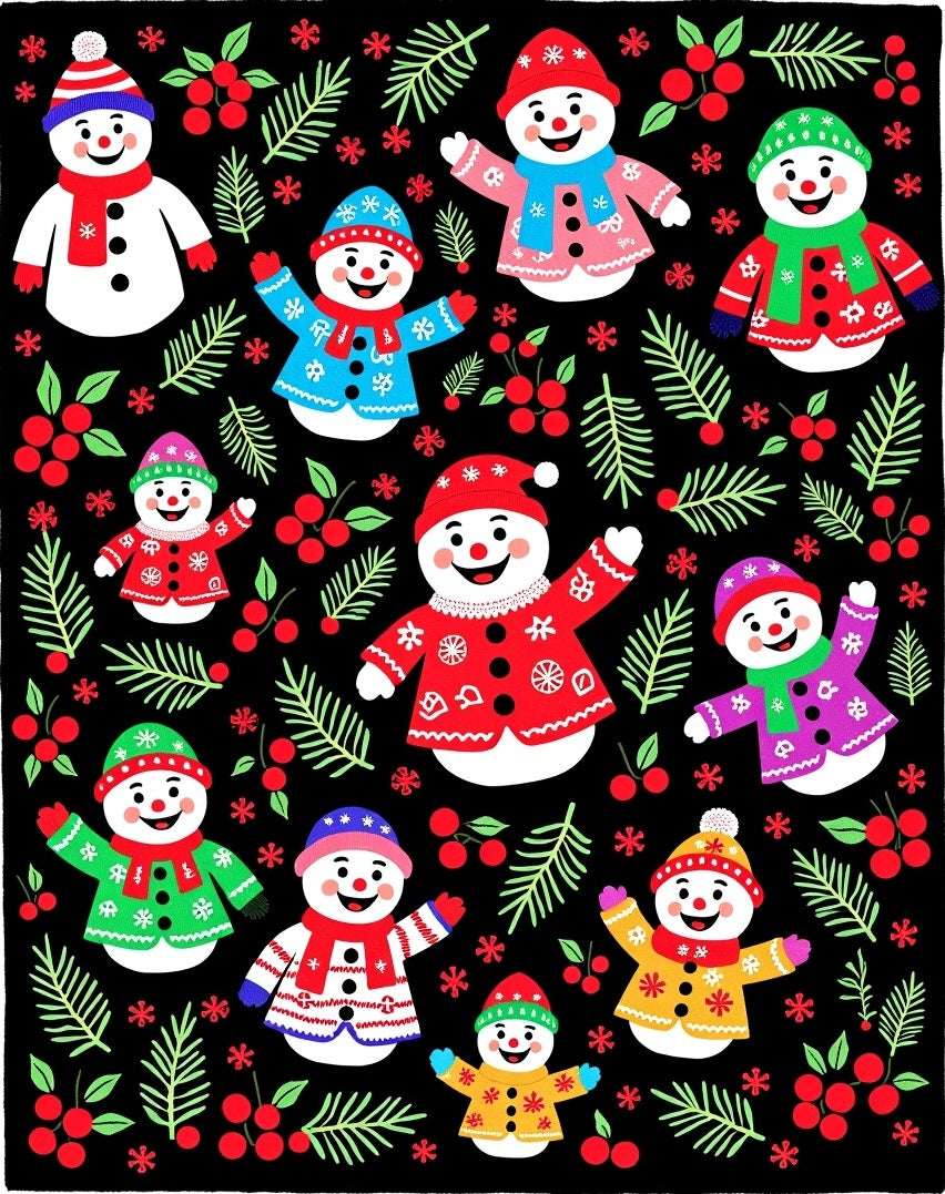 Christmas Snowman Holly Berry Branch Rug