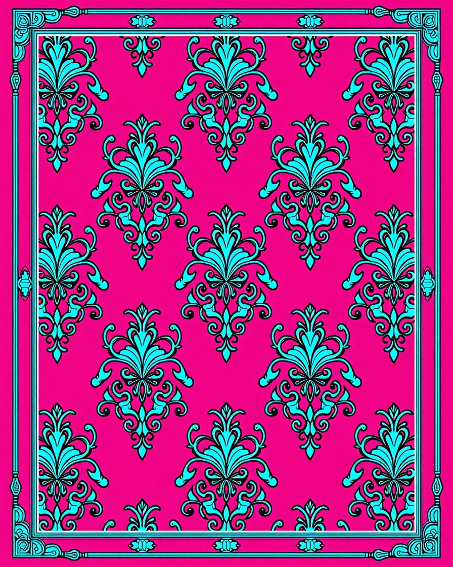 Vibrant Pink Turquoise Damask Scroll Rug