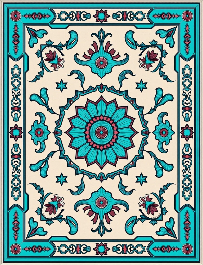 Turquoise Floral Mandala Medallion Rug