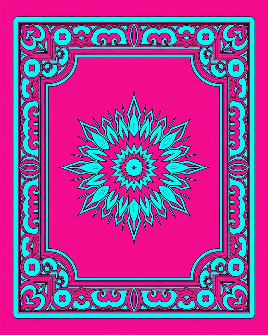 Vibrant Pink Cyan Medallion Frame Rug