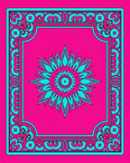 Vibrant Pink Cyan Medallion Frame Rug