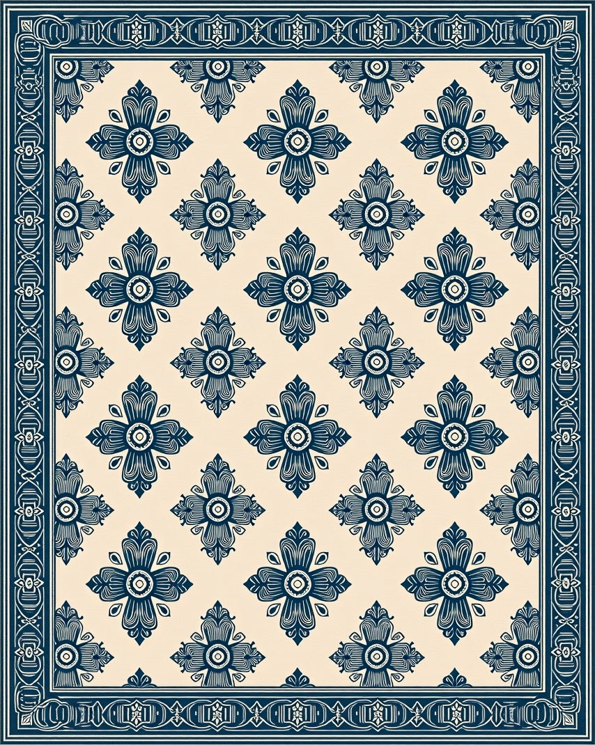 Navy Blue Floral Lattice Rug