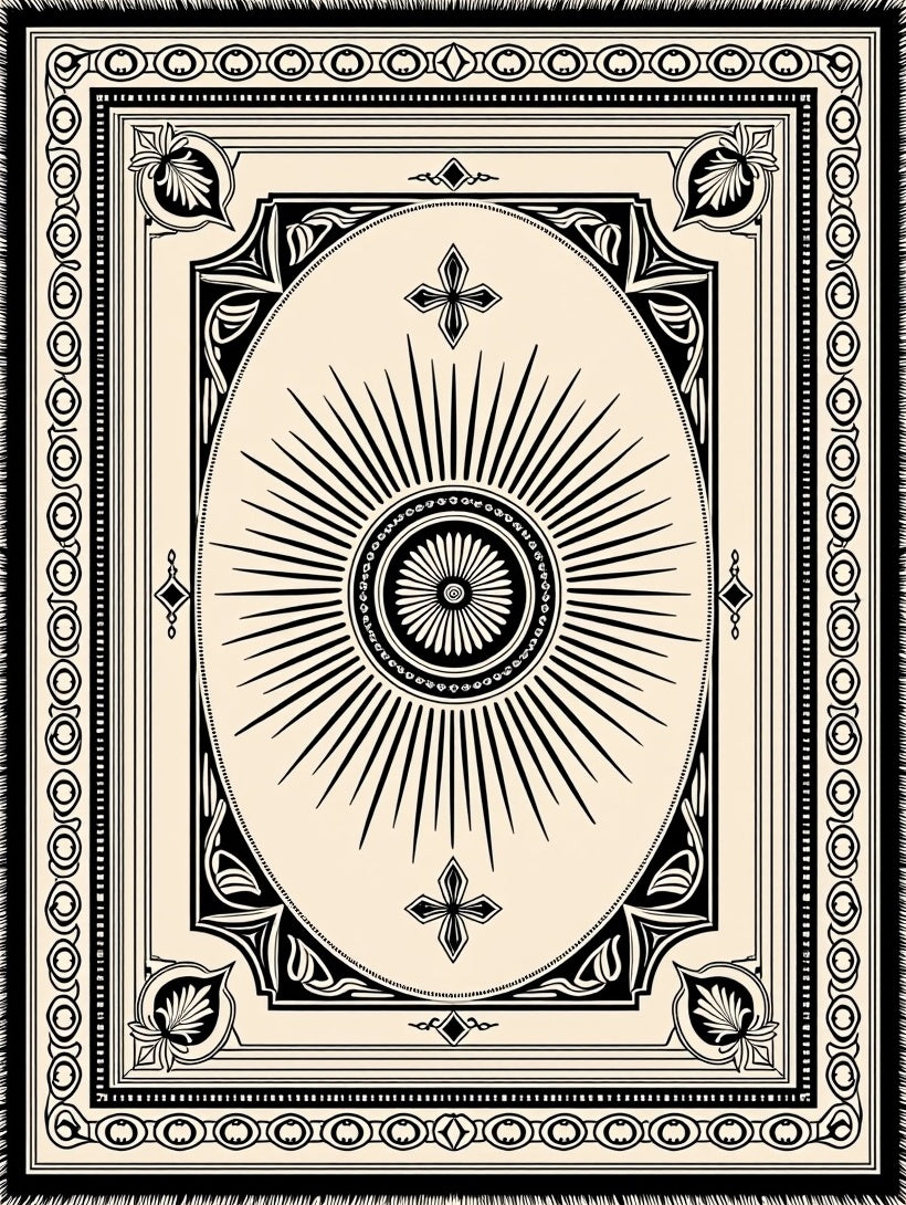 Ornate Cream Black Sunburst Medallion Rug