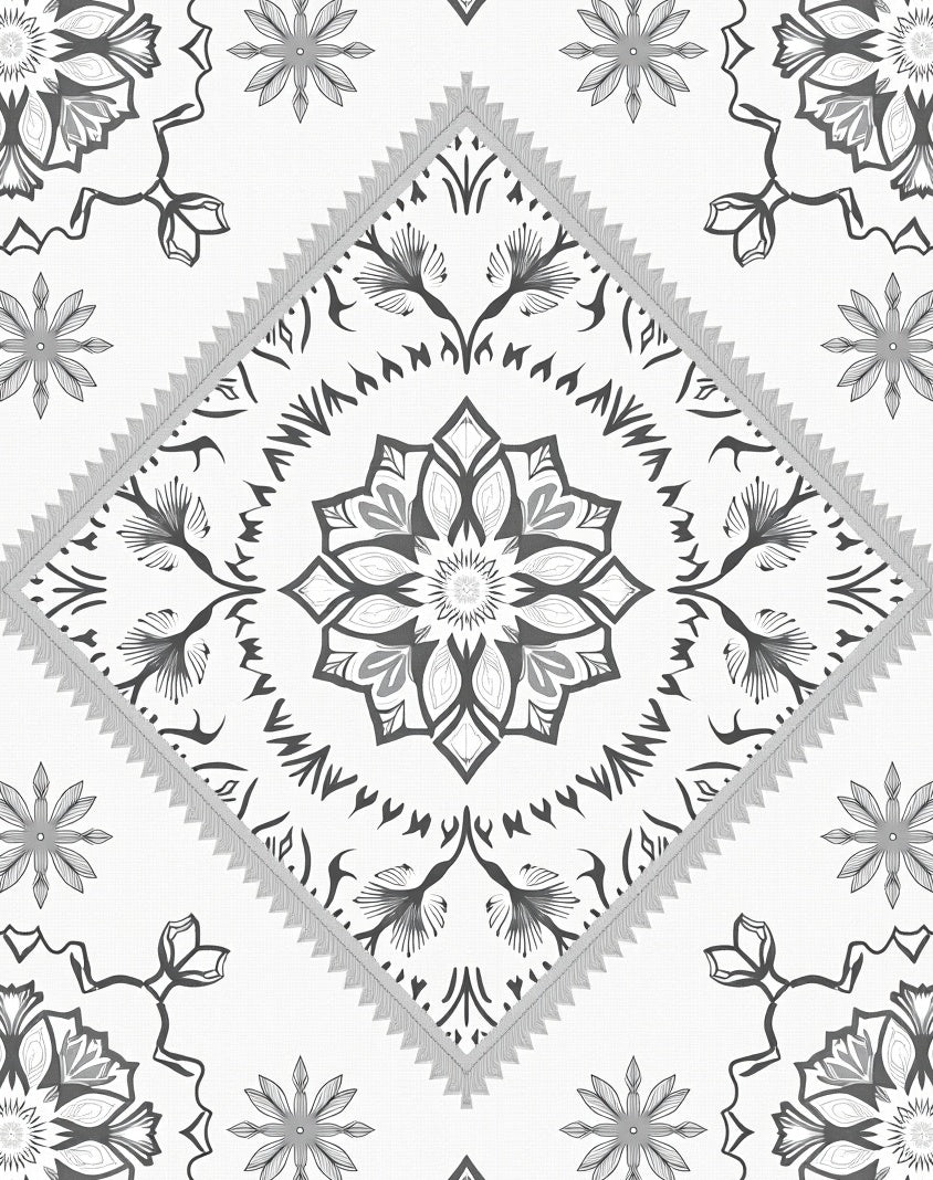 Monochromatic Gray Floral Mandala Diamond Rug