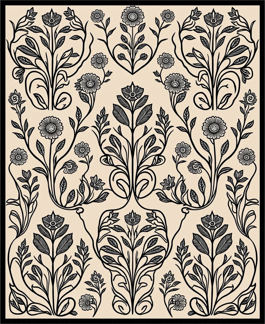 Elegant Black Floral Symmetry Arrangement Rug