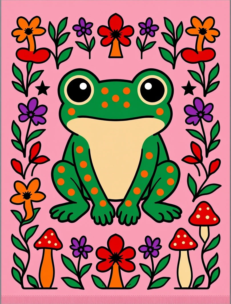 Whimsical Pink Frog Mushroom Floral Rug