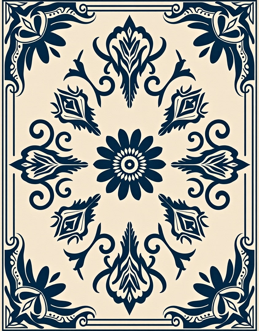 Navy Floral Medallion Cream Border Rug