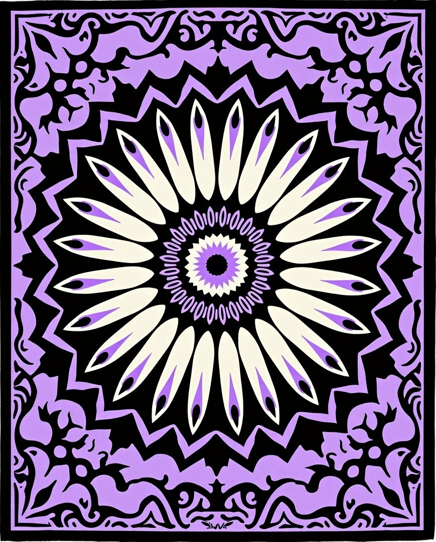 Lilac Cream Black Floral Medallion Rug