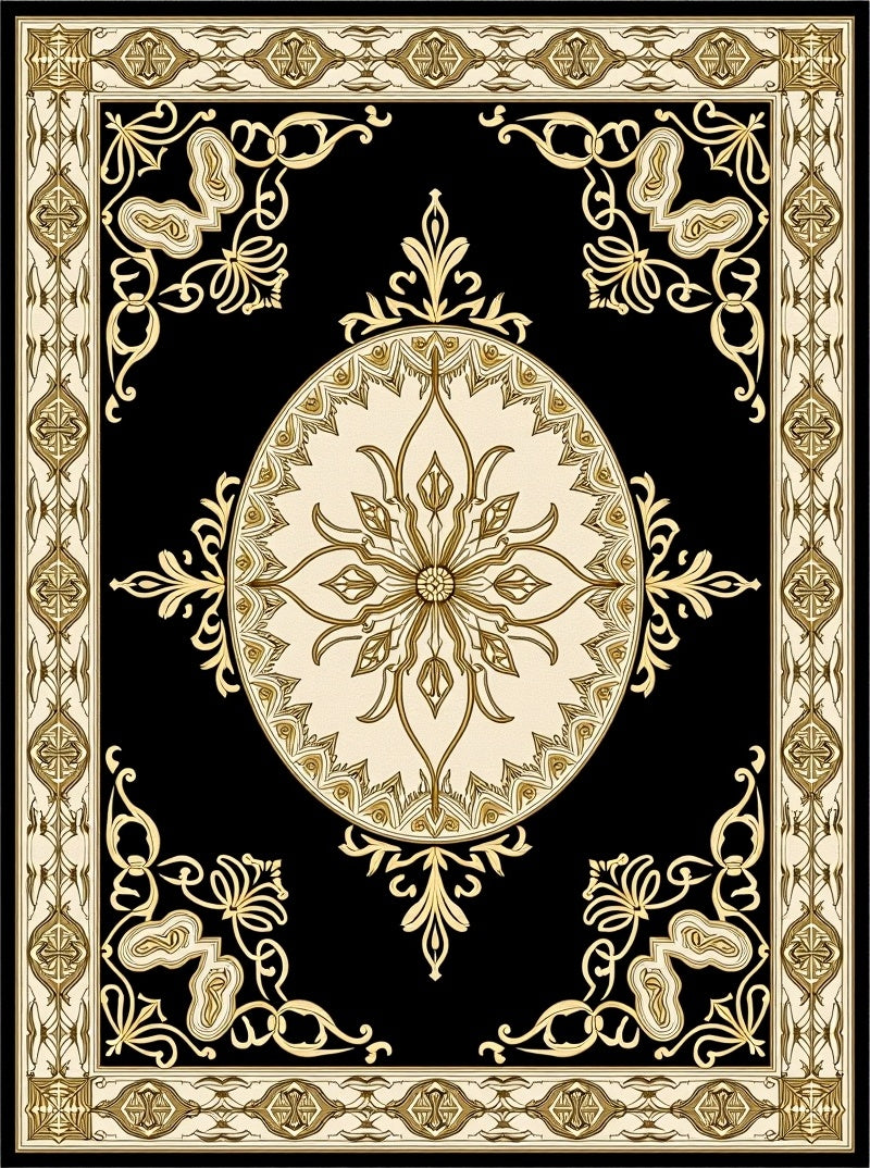 Ornate Black Gold Medallion Border Rug