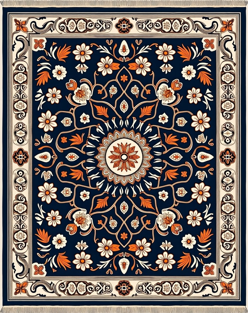 Navy Orange Floral Medallion Border Rug
