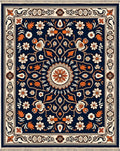 Navy Orange Floral Medallion Border Rug