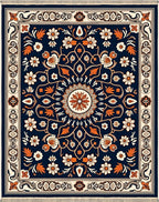 Navy Orange Floral Medallion Border Rug