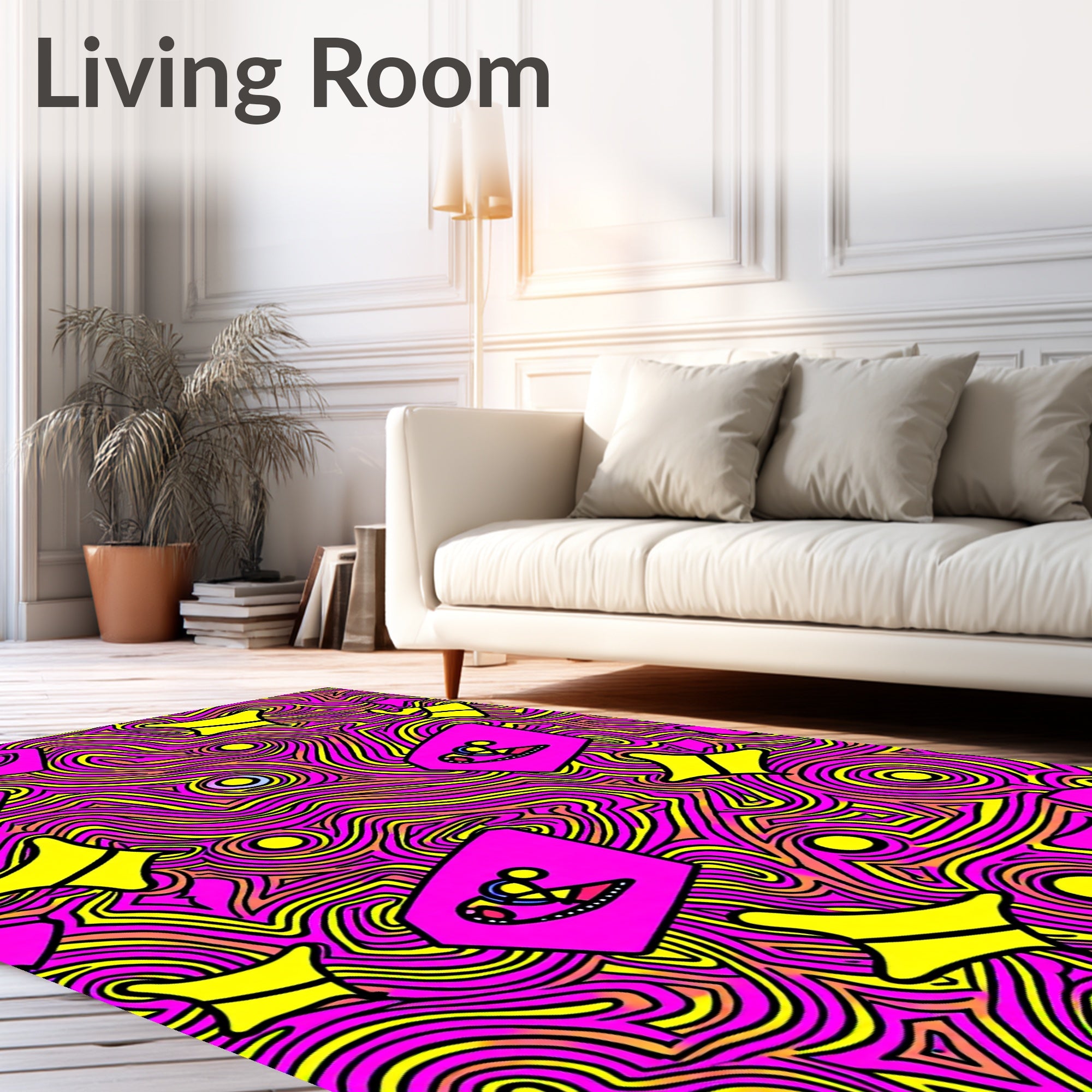 Vibrant Pink Yellow Swirl Shapes Rug