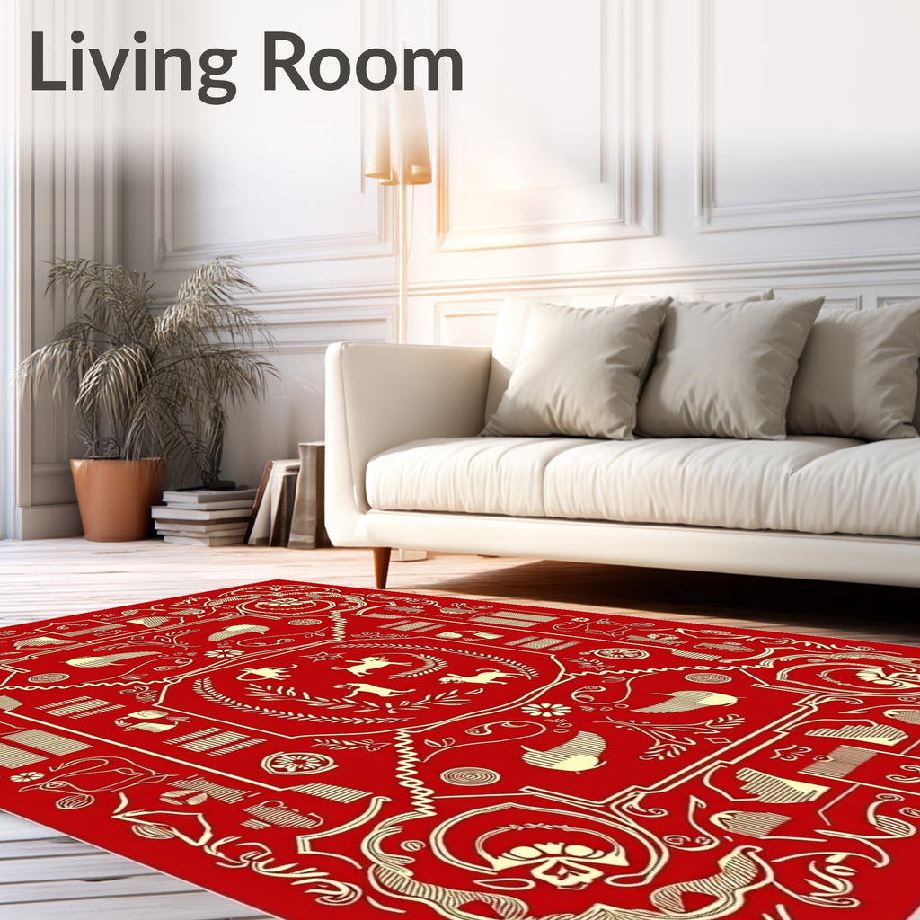 Golden Animals on Red Canvas Rug