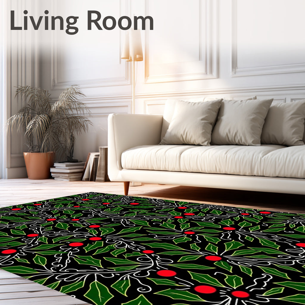 Black Green Holly Berry Branch Rug