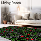 Black Green Holly Berry Branch Rug