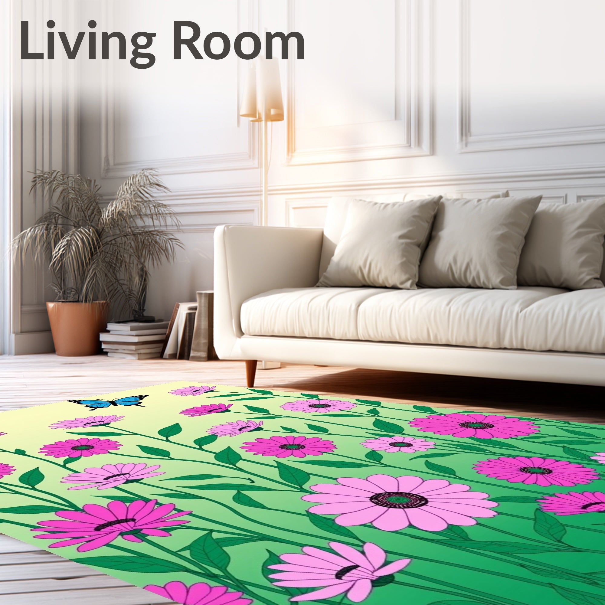 Pink Daisy Garden With Blue Butterfly Rug