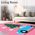 Bright Blue Car Christmas Tree Snowflakes Rug
