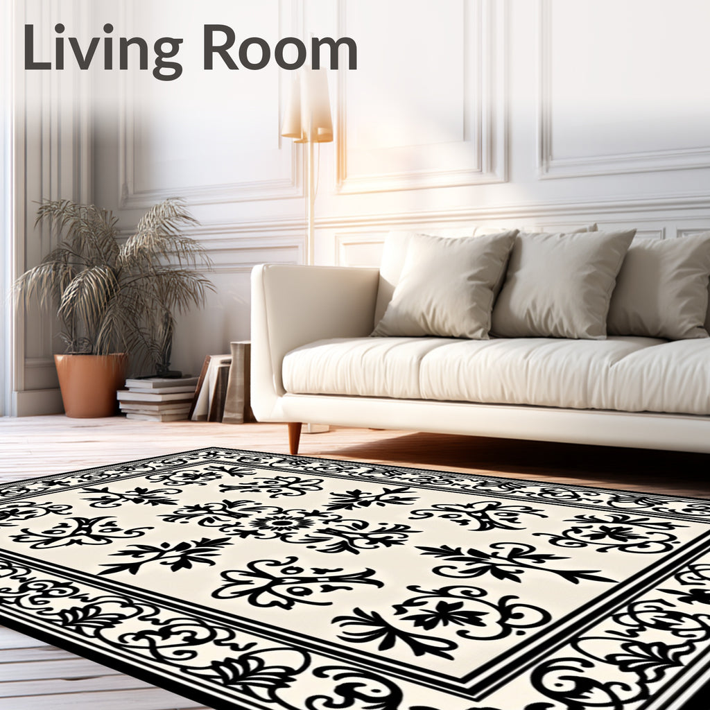 Classic Cream Black Filigree Bordered Rug
