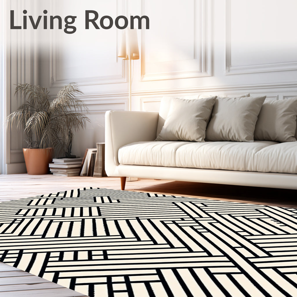 Cream Black Intersecting Lines Rug