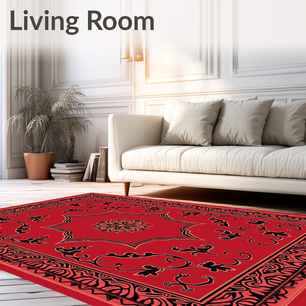 Red Black Floral Medallion Border Rug