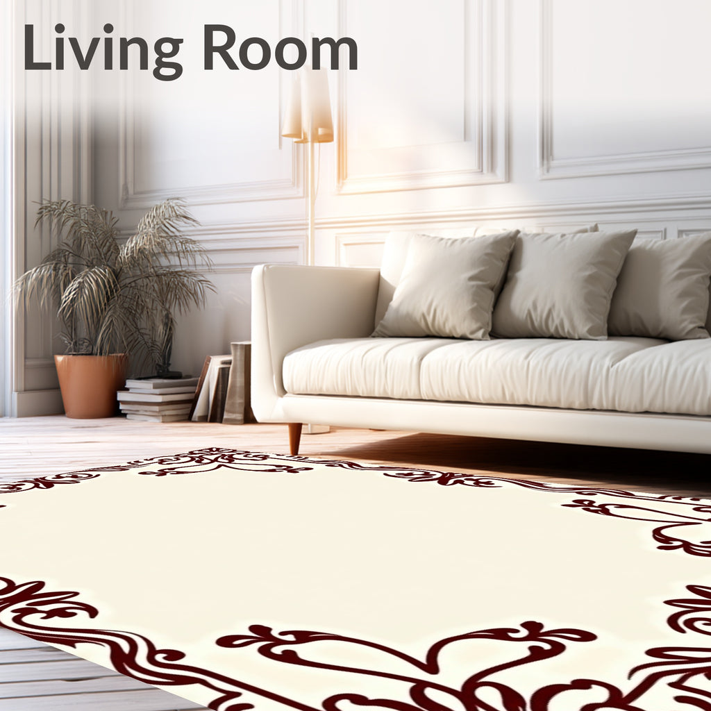 Deep Red Acanthus Swirl Flourish Frame Rug