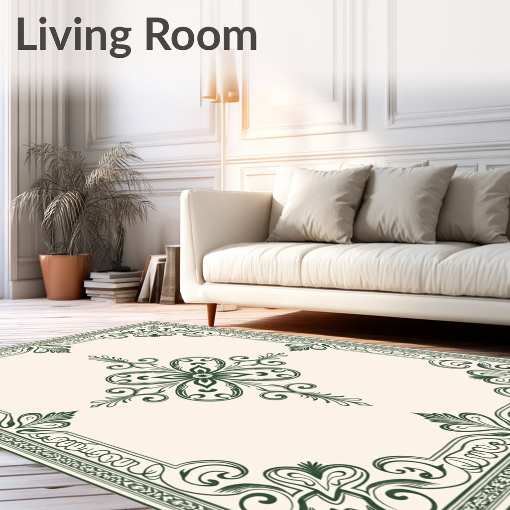 Dark Green Ornate Floral Border Rug