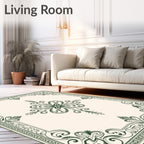 Dark Green Ornate Floral Border Rug