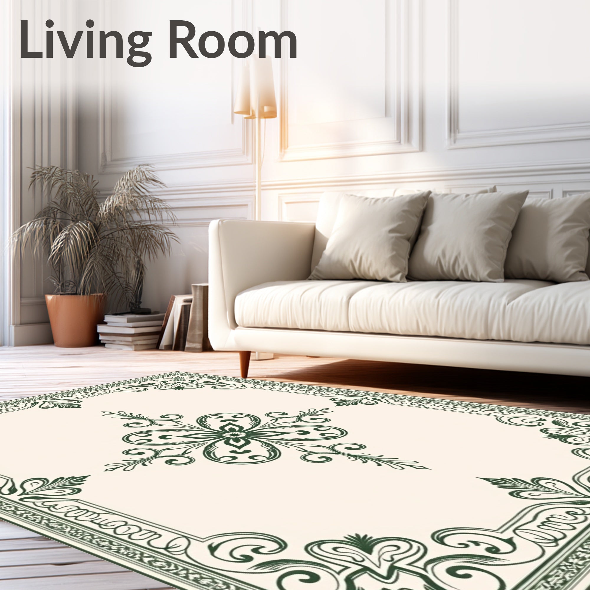 Dark Green Ornate Floral Border Rug
