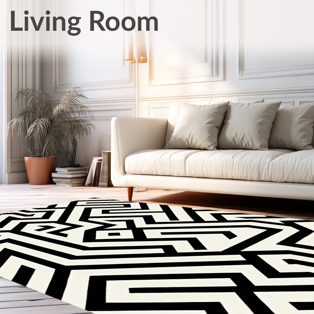 Sharp Monochrome Maze Lines Rug