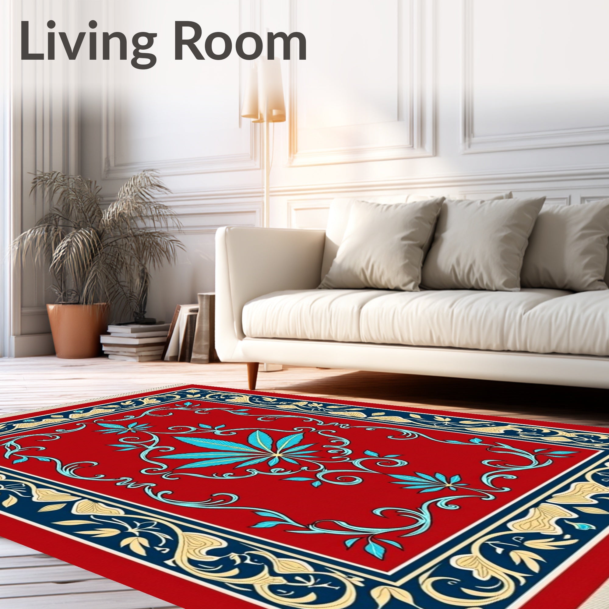 Crimson Red Turquoise Leaf Scroll Rug