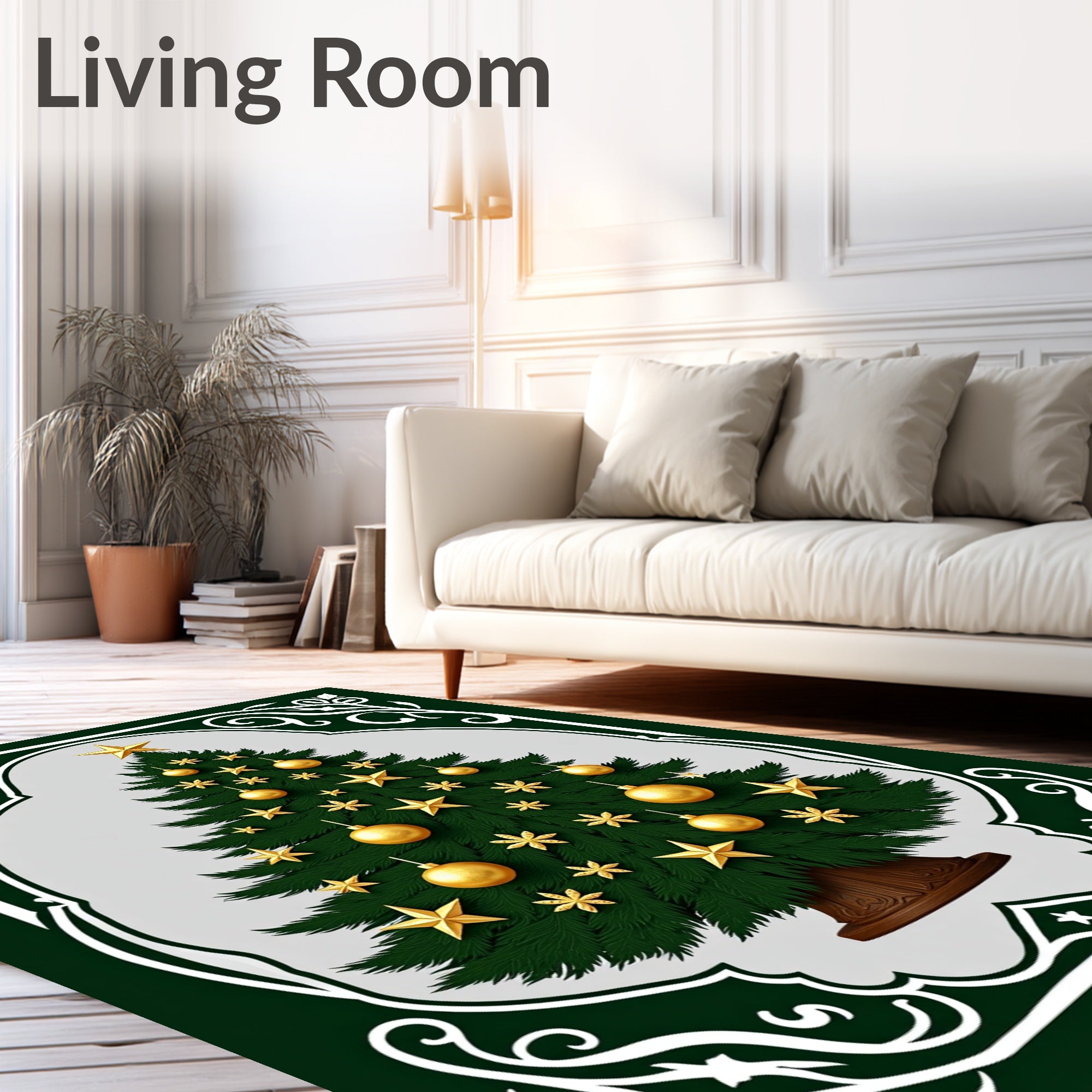 Festive Evergreen Christmas Tree Gold Ornaments Rug
