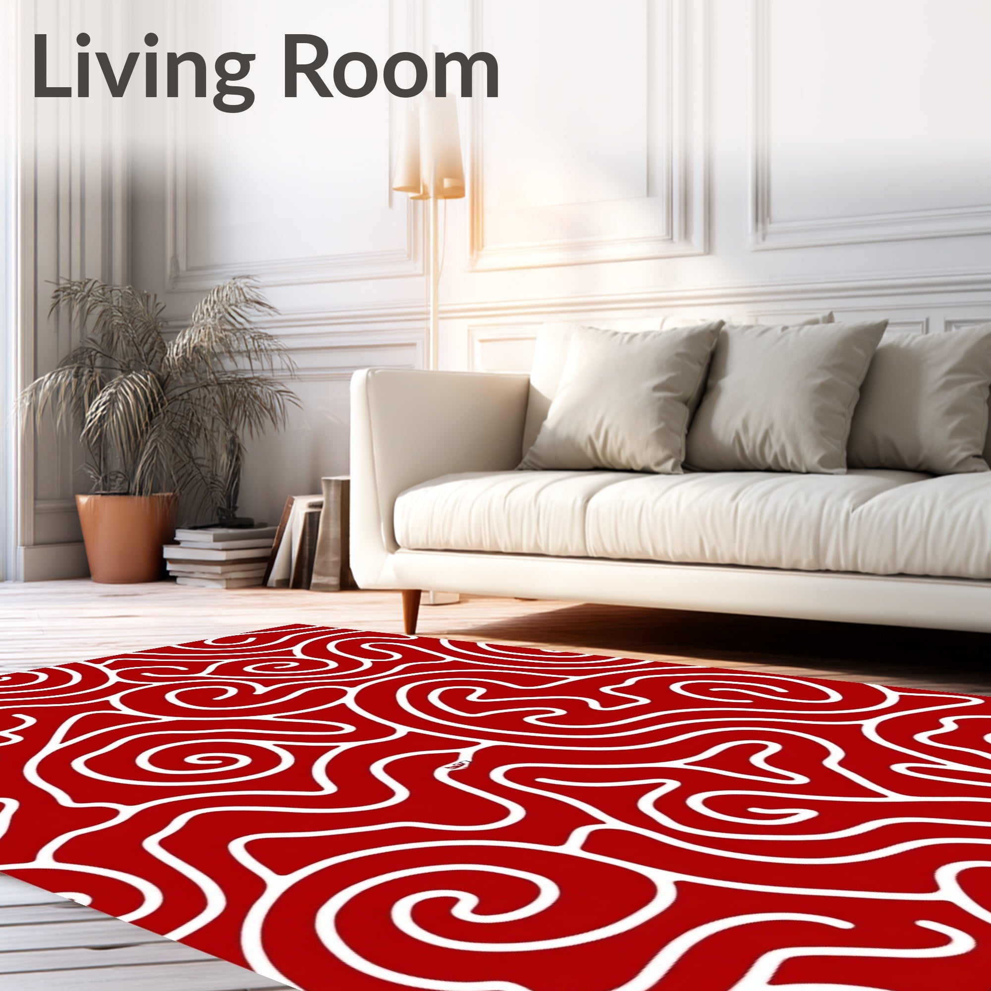 Crimson White Swirl Organic Line Art Rug