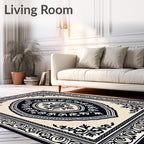 Cream Dark Blue Oval Medallion Frame Rug
