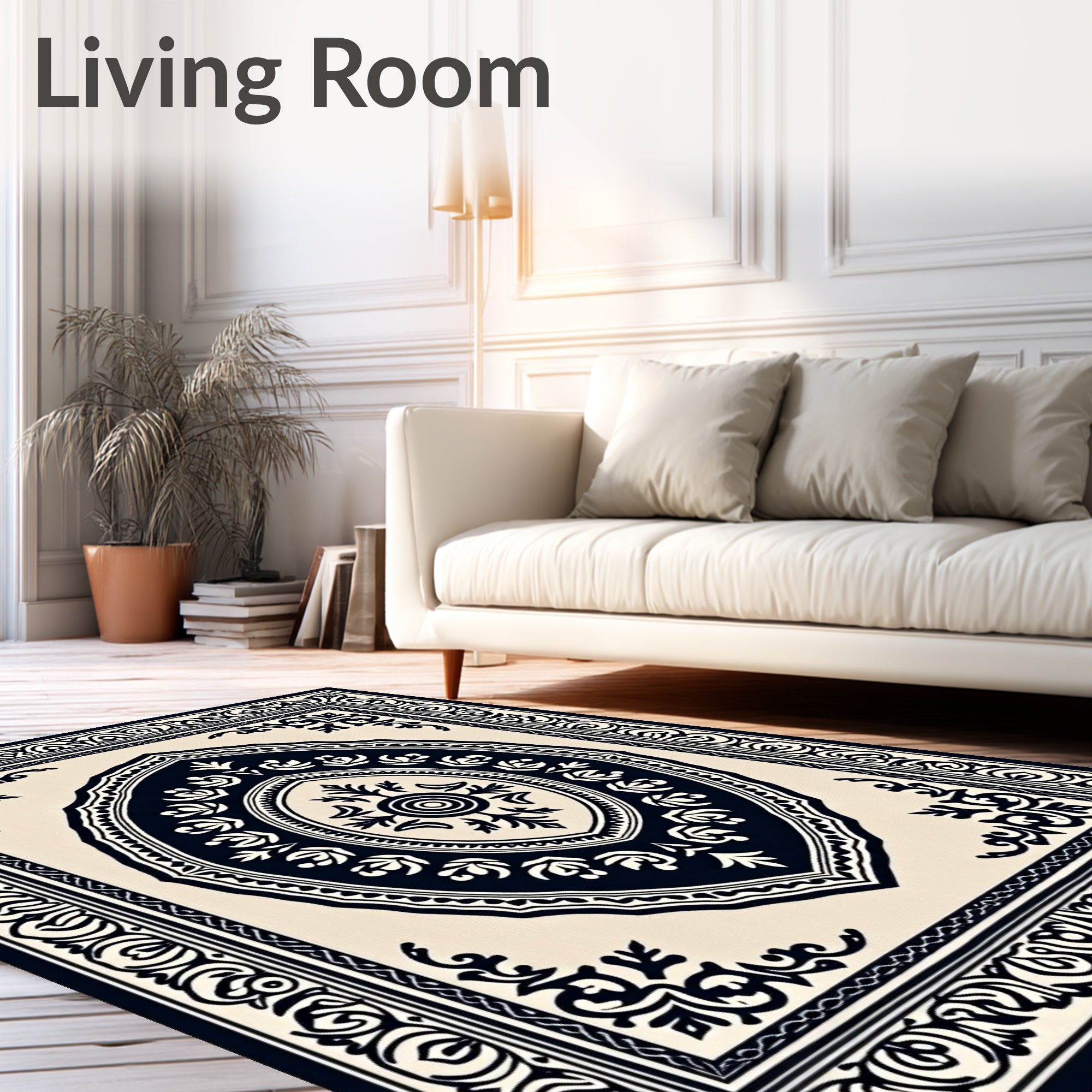 Cream Dark Blue Oval Medallion Frame Rug