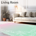 Pastel Pink Green Floral Scrollwork Border Rug