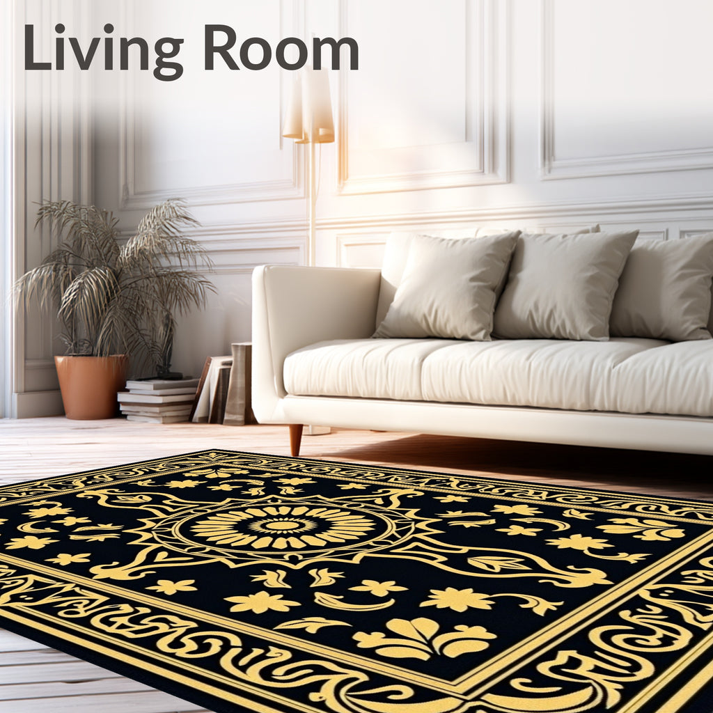 Golden Black Floral Medallion Border Rug