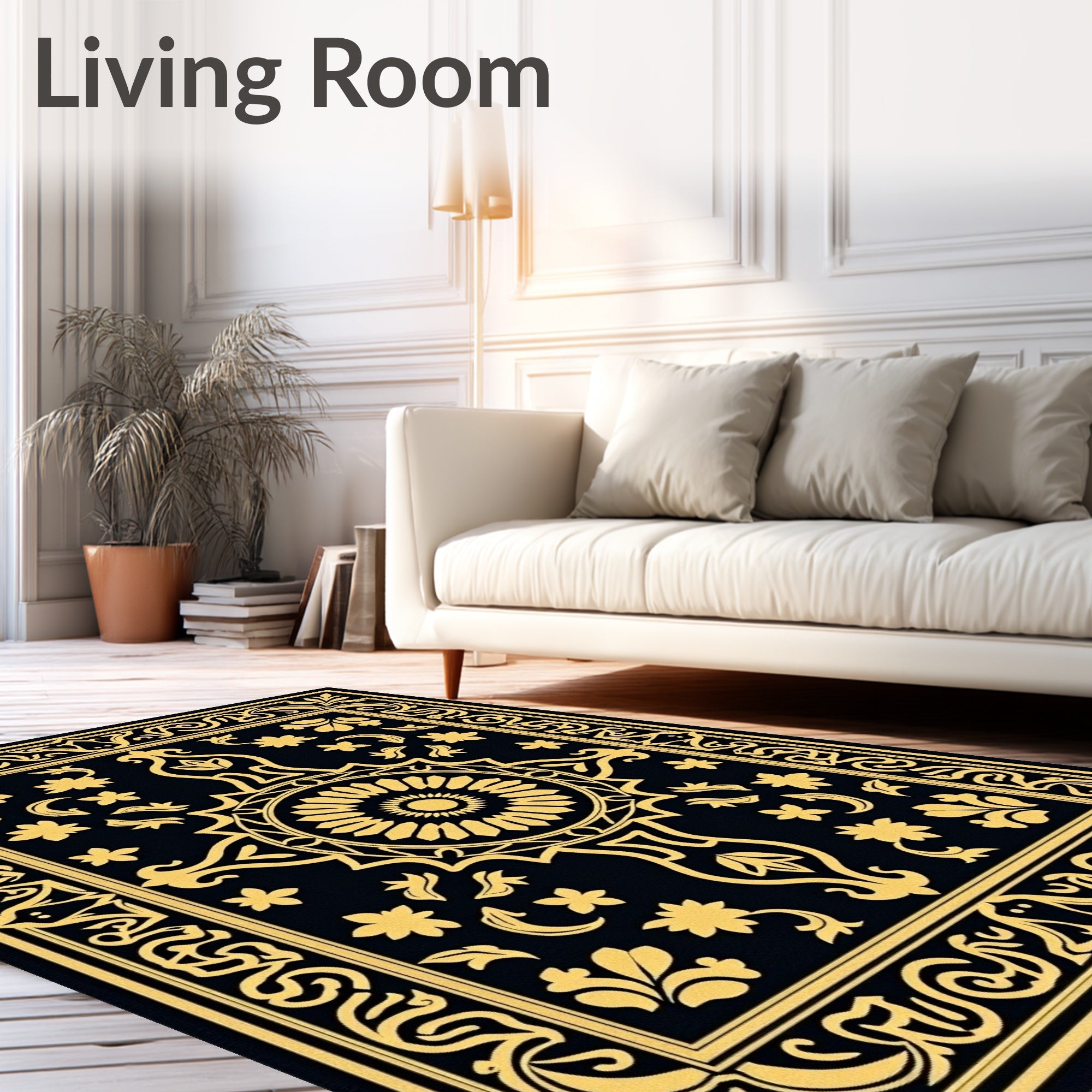 Golden Black Floral Medallion Border Rug