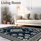 Deep Navy Cream Floral Scroll Border Rug