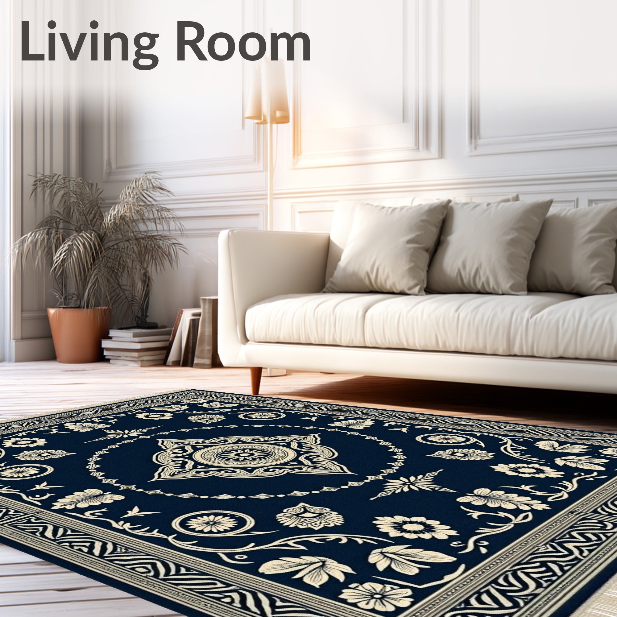 Deep Navy Cream Floral Scroll Border Rug