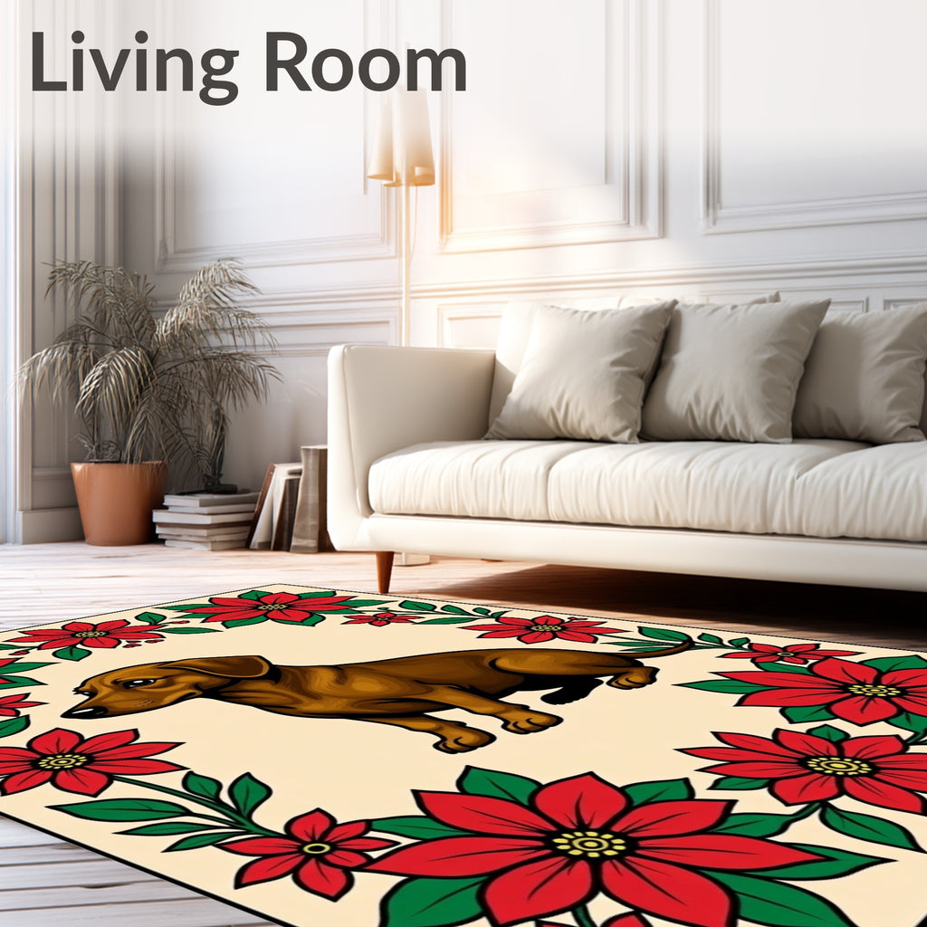 Brown Dog Red Poinsettia Border Rug