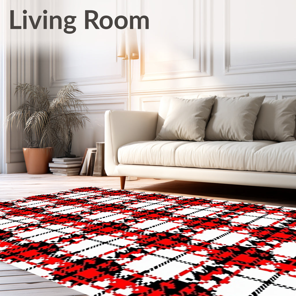 Red Black White Houndstooth Plaid Rug
