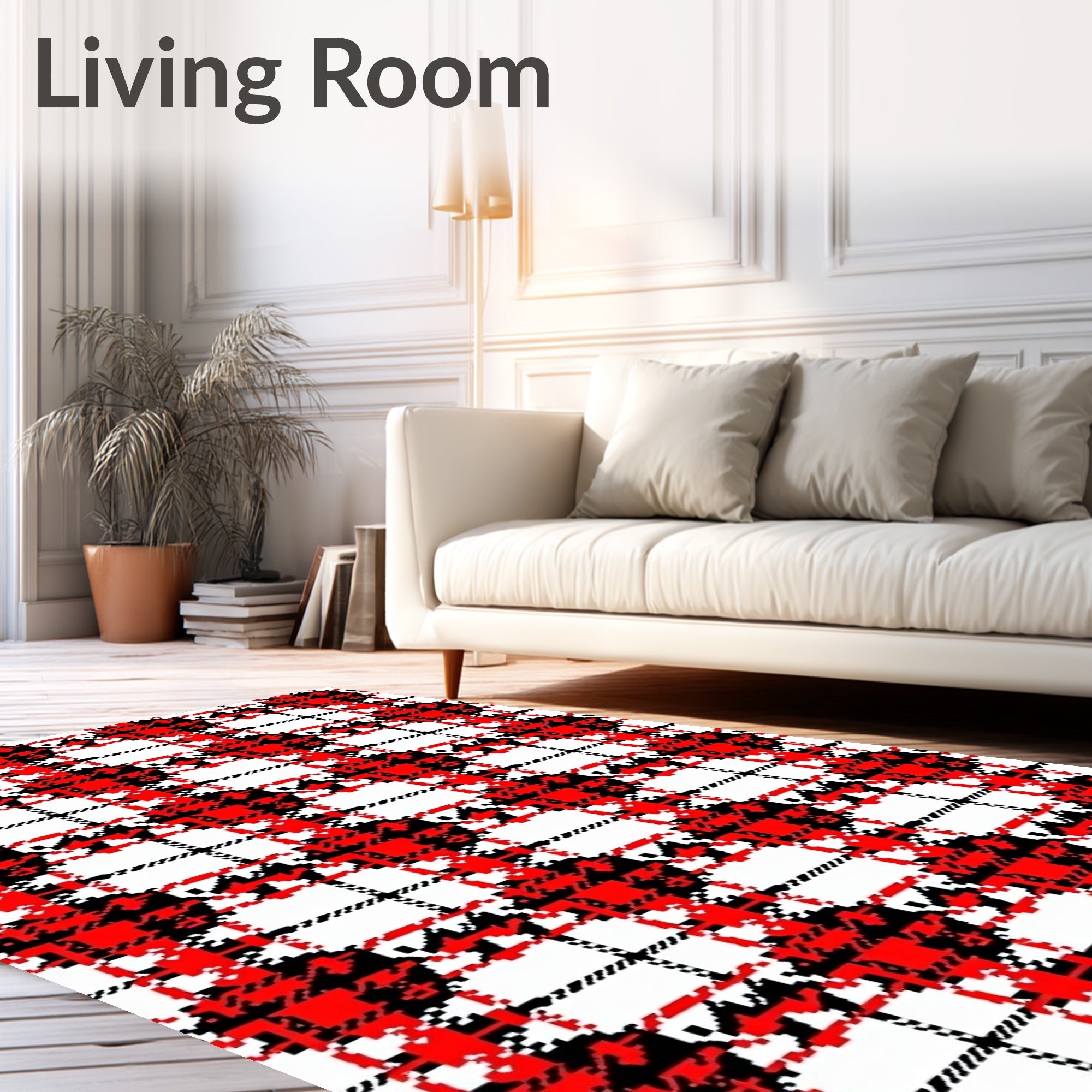 Red Black White Houndstooth Plaid Rug