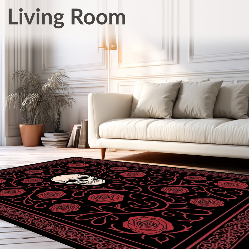 Gothic Skull Red Rose Floral Border Rug