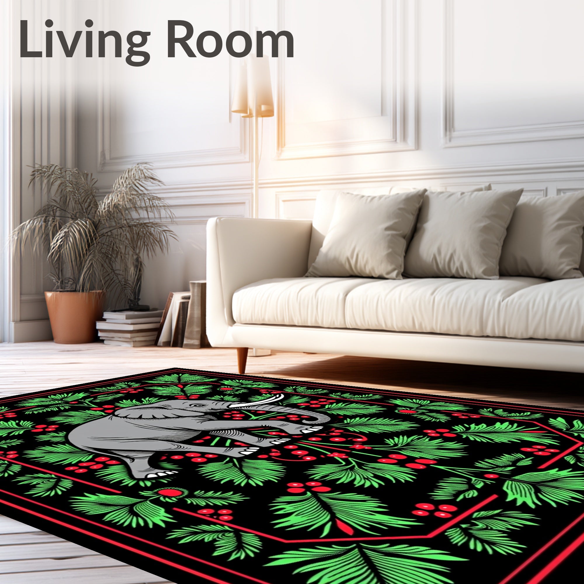 Gray Elephant Red Green Foliage Border Rug