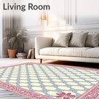 Cream Sky Blue Pink Floral Border Rug