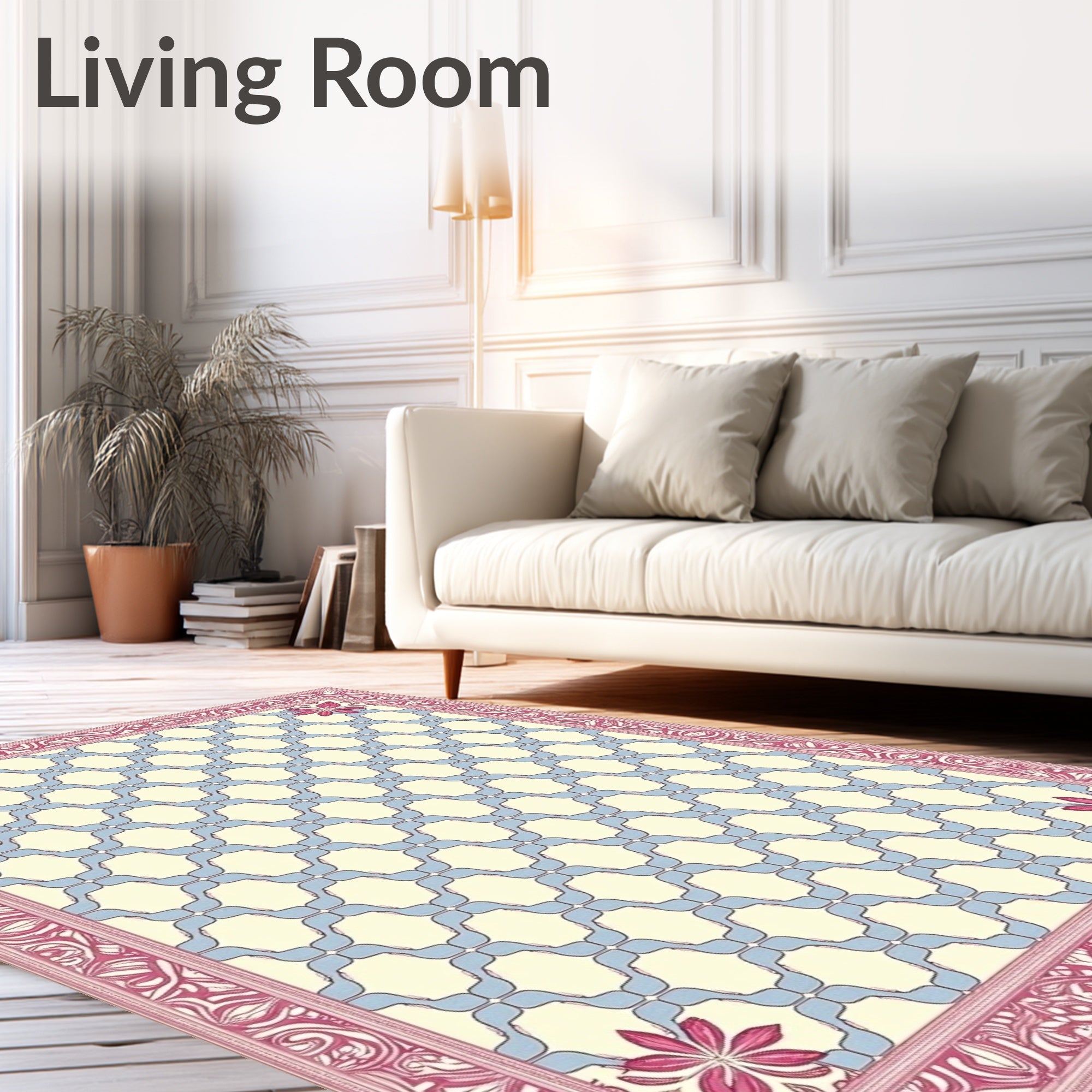 Cream Sky Blue Pink Floral Border Rug