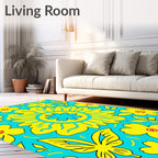 Bright Yellow Floral Butterfly Teal Rug