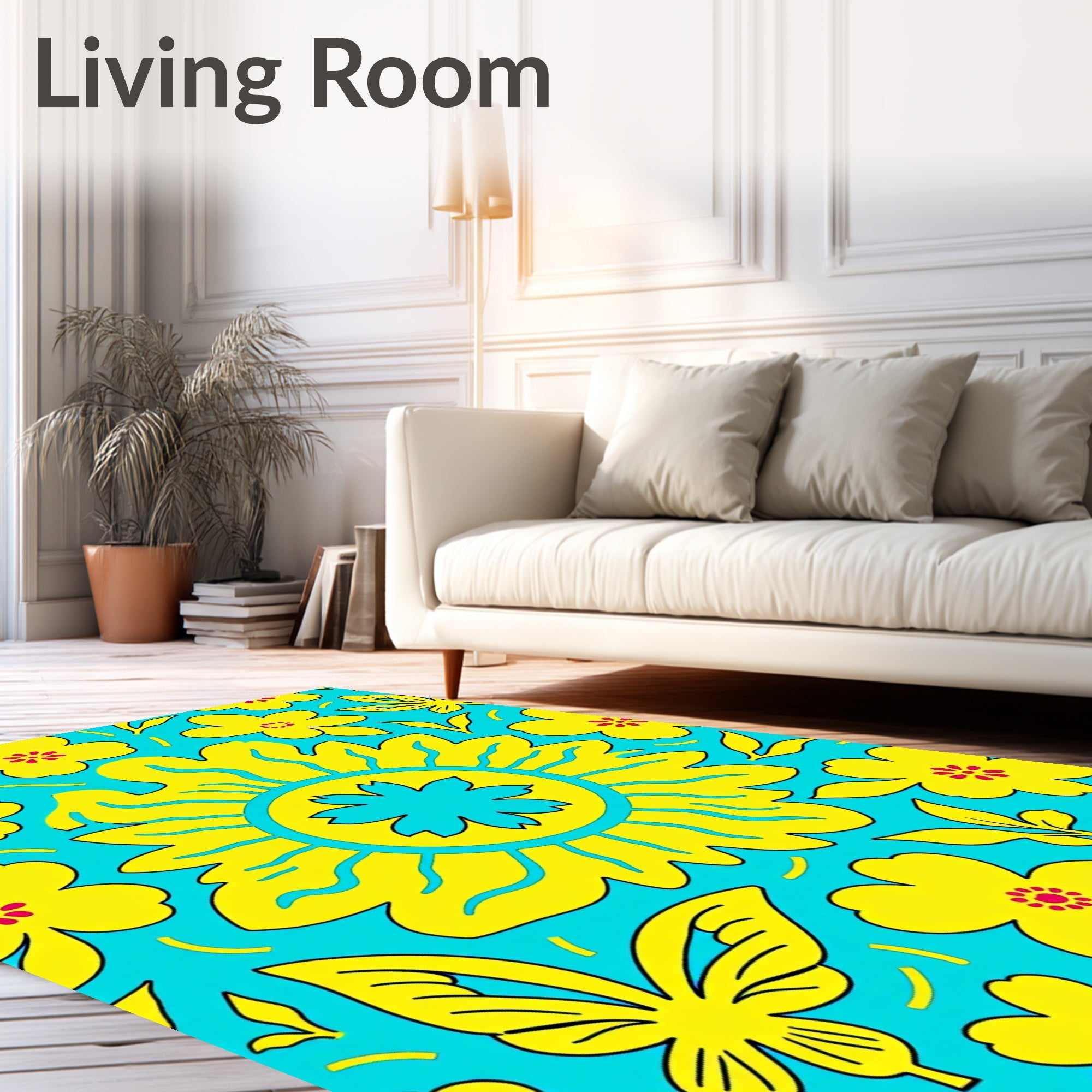 Bright Yellow Floral Butterfly Teal Rug